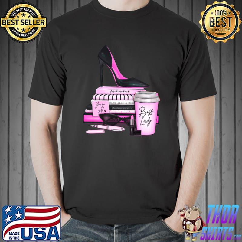 Boss Lady Shoes Book High Heel Coffee Pink T-Shirt