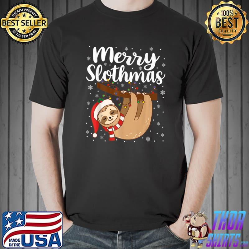 Cute Merry Slothmas Santa Hat Lights Christmas Sloth Lovers Pajama T-Shirt
