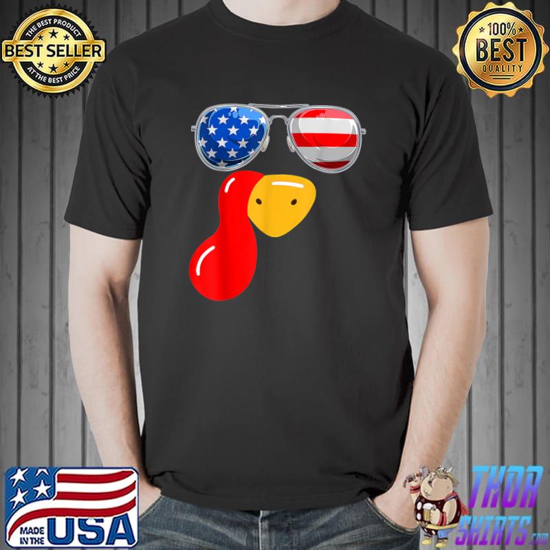 Cute Turkey Face Thanksgiving American Flag Sunglasses T-Shirt