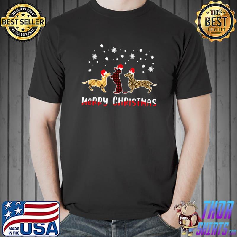 Dachshund Merry Christmas Cute Plaid Leopard Doxie Dog X Mas T-Shirt