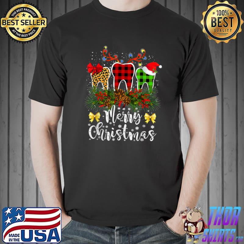 Dentist Merry Christmas Leopard Plaid Tooths Dental Costume T-Shirt