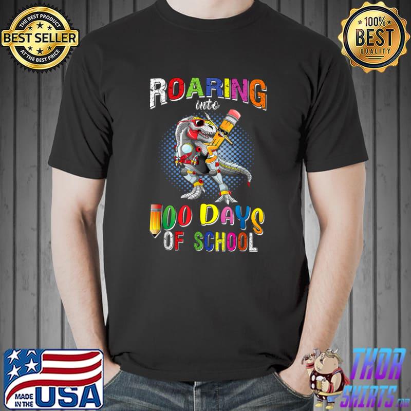 Dinosaur Roaring 100th Day Of School TRex Dabbing Pencil Boy T-Shirt