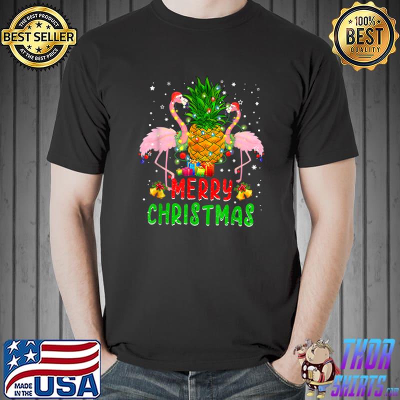 Flamingo Merry Christmas Tree Pineapple Xmas Light T-Shirt