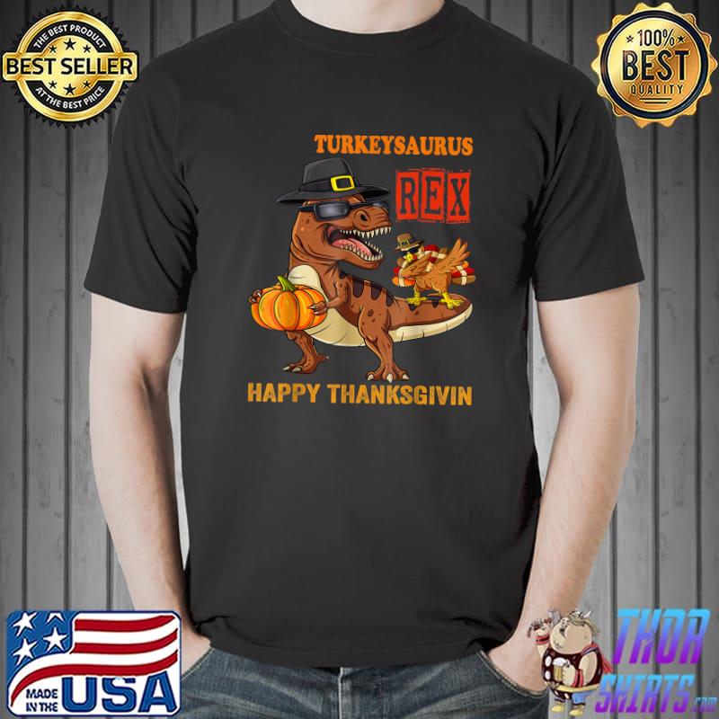 Happy Thanksgiving Turkeysaurus Pumpkin Dabbing Turkey T Rex Dinosaur T-Shirt