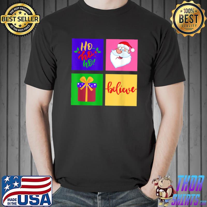 Ho Ho Ho Believe Santa Claus Gift Christmas Square Graphics Vintage T-Shirt