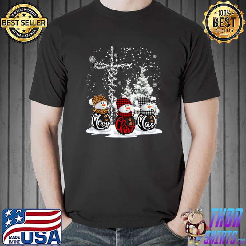 Merry Christmas 2022 Leopard Buffalo Red Plaid Snowman Jesus Cross T-Shirt