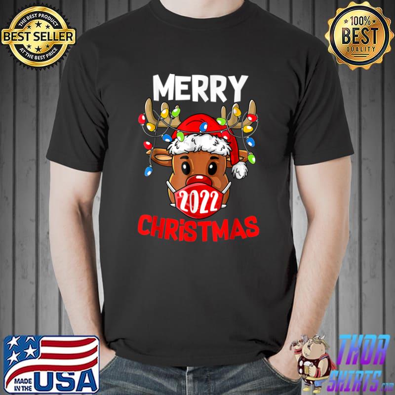Merry Christmas 2022 Santa Reindeer Face Mask Xmas Lights T-Shirt