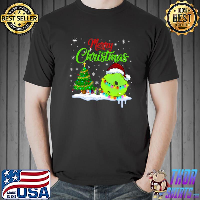 Merry Christmas Pickleball Wear Santa Hat Lights Sports Lover T-Shirt
