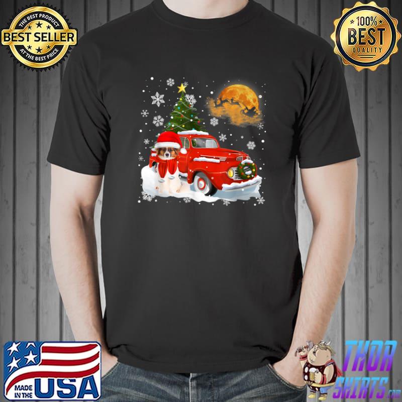 Papillon Dog Riding Red Truck Christmas Decorations Blood Moon T-Shirt