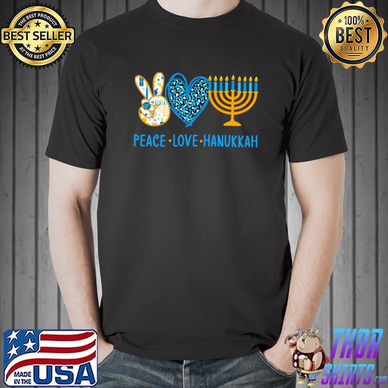 Peace Love Hanukkah Leopard Heart Menorah Dreidel Star Jewish T-Shirt
