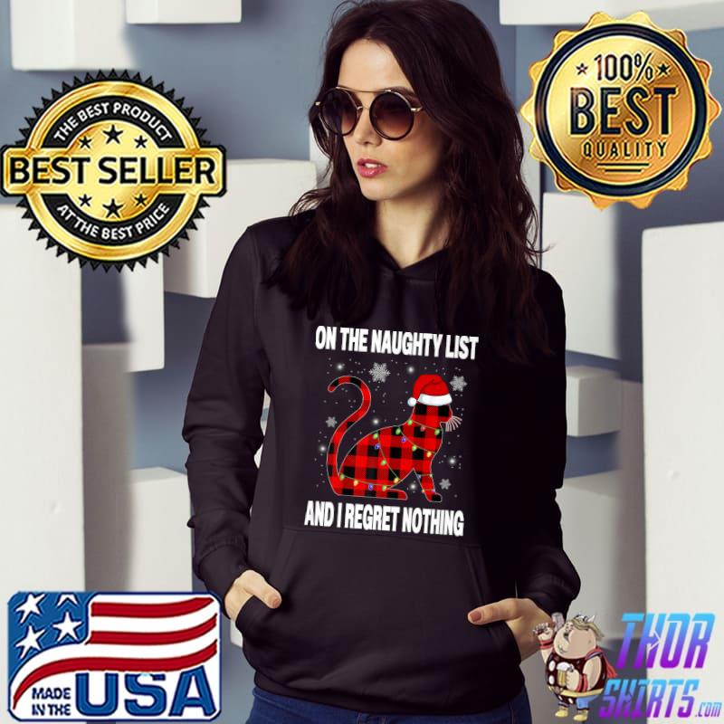 Red Plaid On Naughty List And I Regret Nothing Kitten Xmas Lights T-Shirt Hoodie