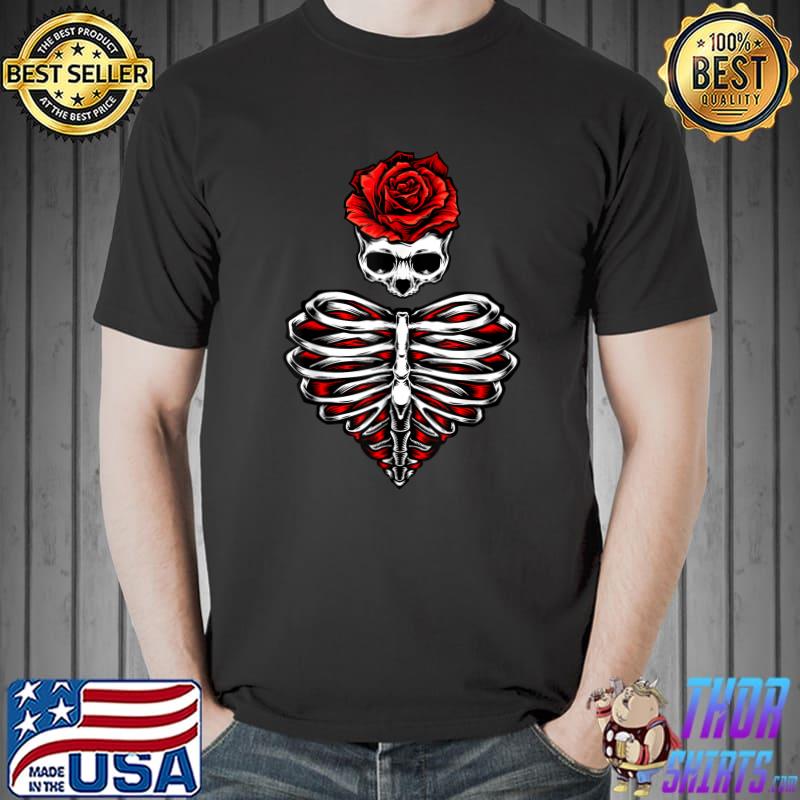 Red rose skull skeleton rib cage heart grunge death T-Shirt