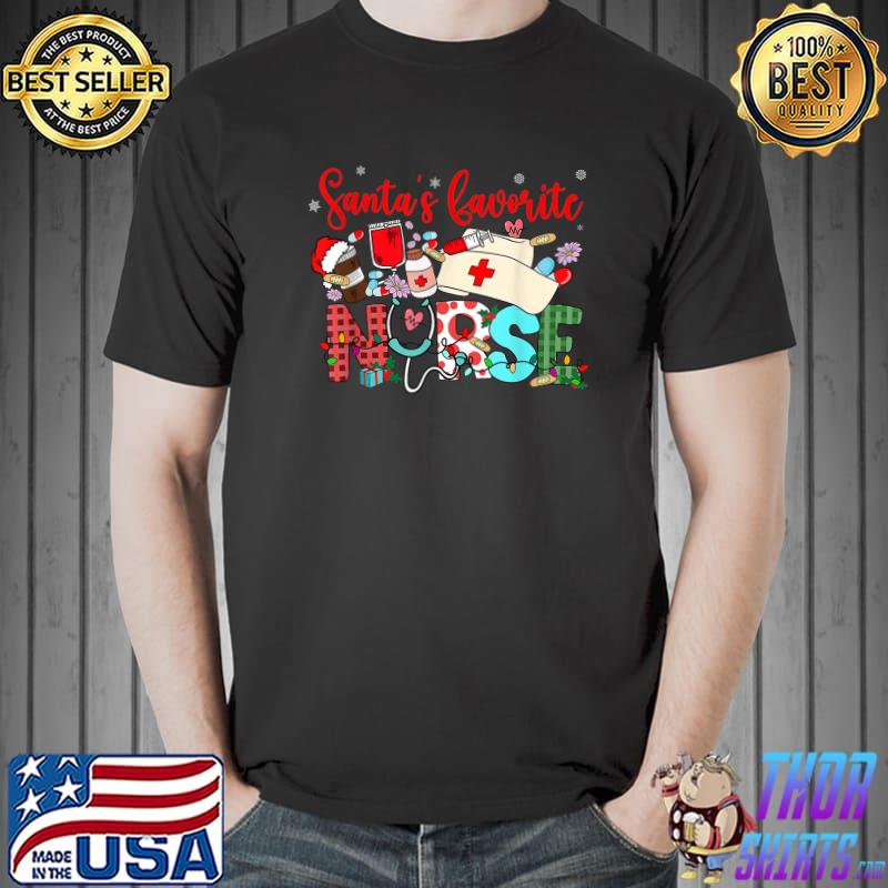 Santa's Favorite Nurse Lights Christmas Cute Favorite Nurse Stethoscope Leopard T-Shirt