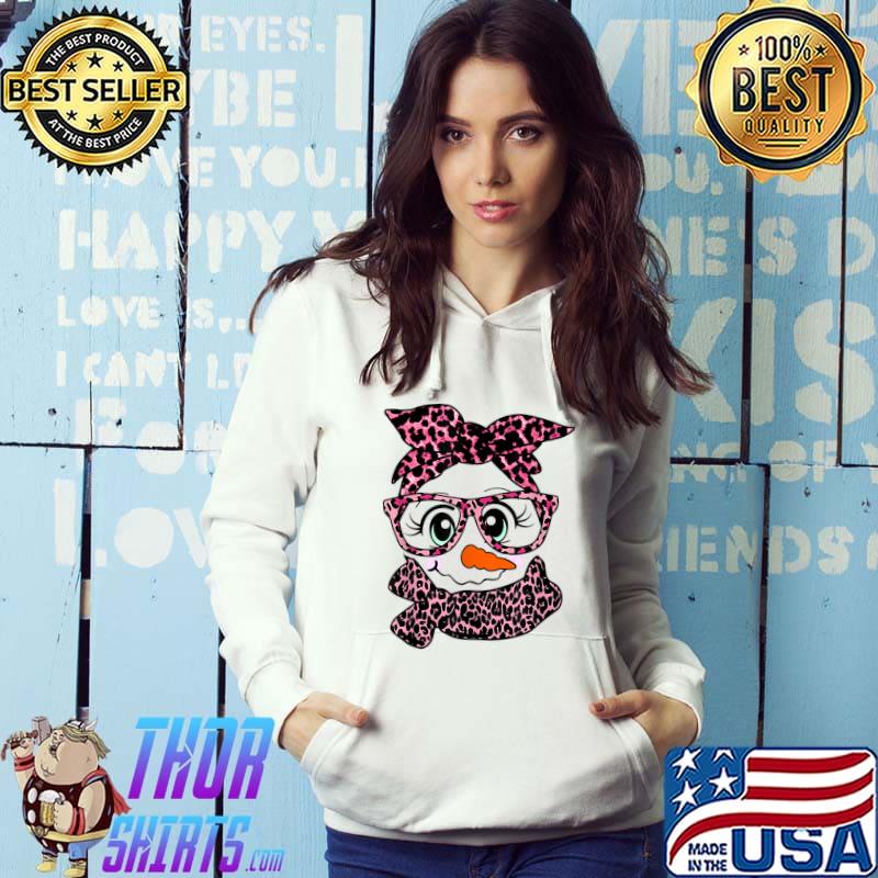Snowman Face Pink Leopard Bandana Glasses Christmas Girls T-Shirt Hoodie