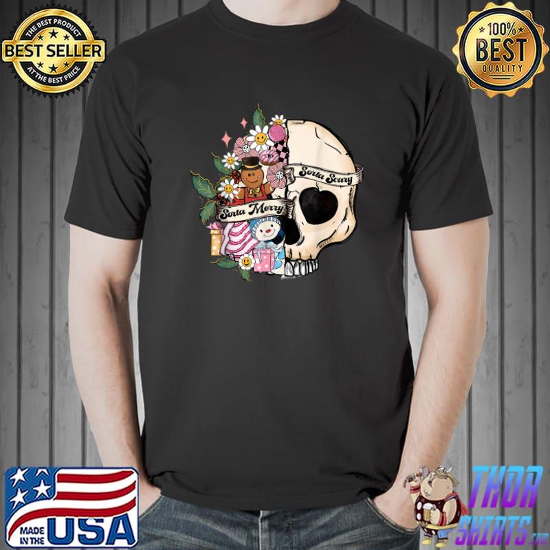 Sorta Merry Sorta Scary Spooky Christmas Goth Skull Xmas Flowers T-Shirt