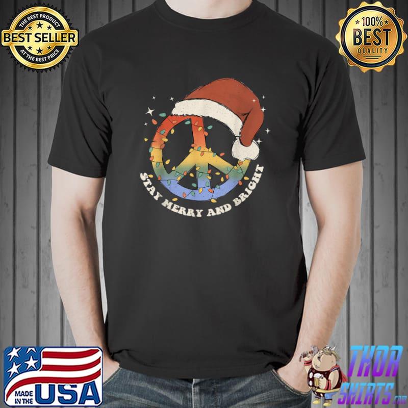 Stay Merry And Bright Peace Sign Santa Hat Retro Lights Xmas T-Shirt