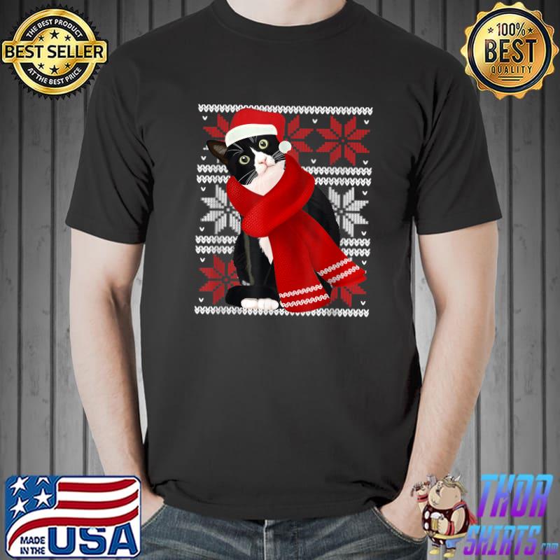 Ugly Christmas Black Cat Santa Hat Scarf Holiday Cute T-Shirt