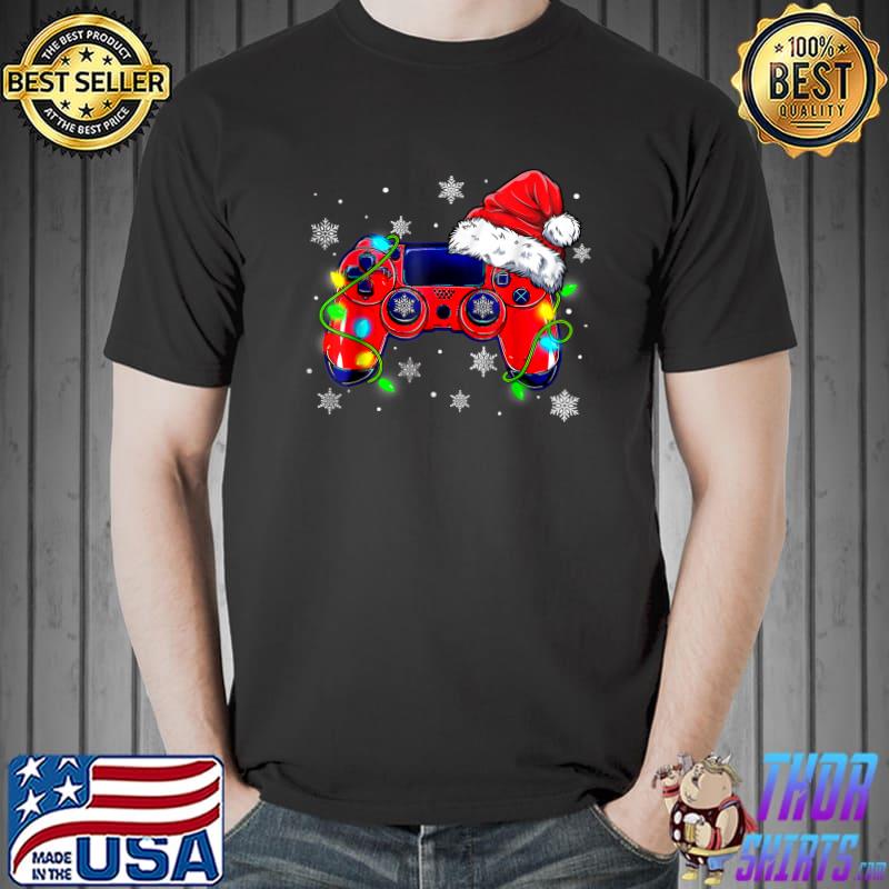 Video Game Controller Christmas Santa Hat Gamer Snows Lights T-Shirt