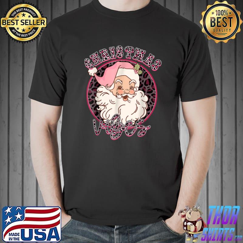 Vintage Pink Christmas Vibes Leopard Pink Santa Claus T-Shirt