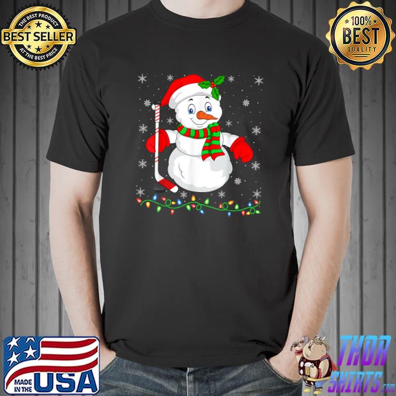 Xmas Lights Santa Snowman Playing Ice Hockey Christmas T-Shirt