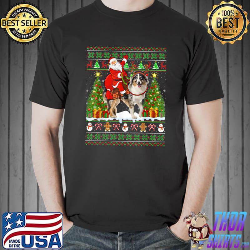 Xmas Ugly Santa Riding Australian Shepherd Dog Christmas T-Shirt