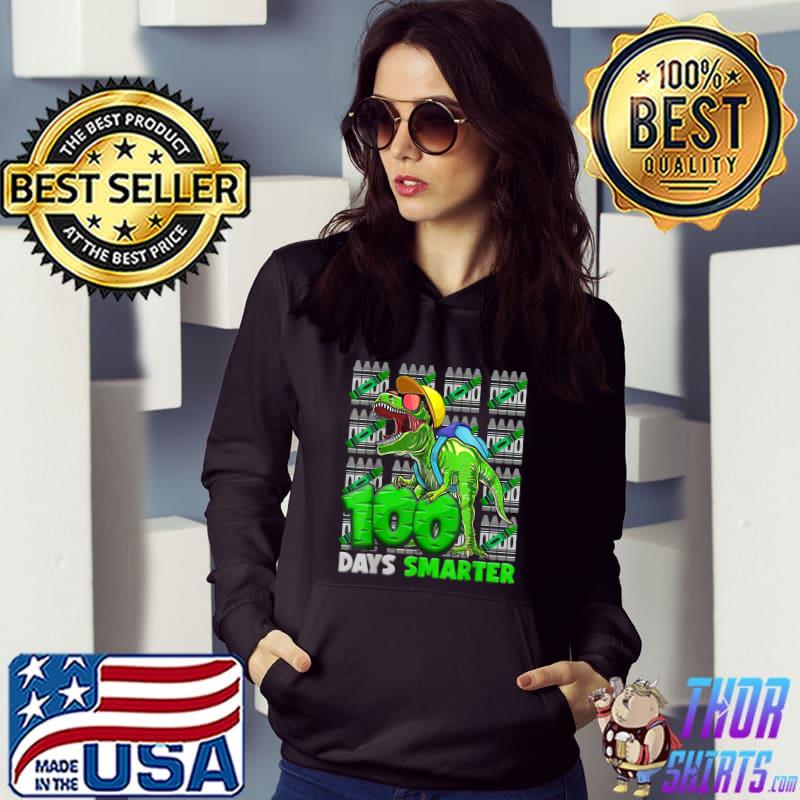 100th Day Of School Teacher 100 Days smarter Trex Dinosaur Crayon Green T-Shirt Hoodie