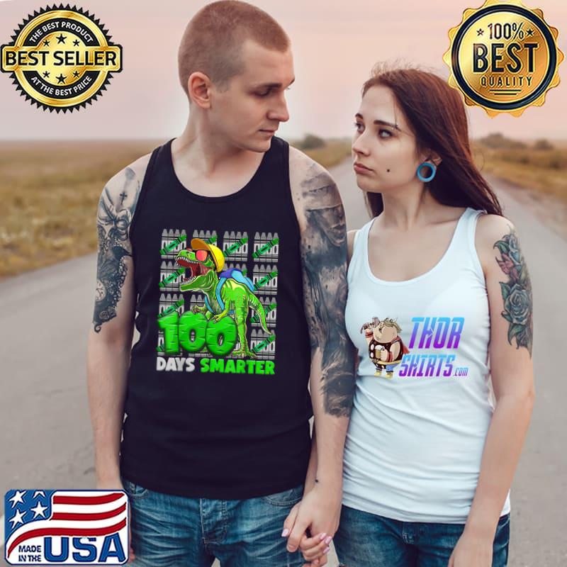 100th Day Of School Teacher 100 Days smarter Trex Dinosaur Crayon Green T-Shirt Tank Top