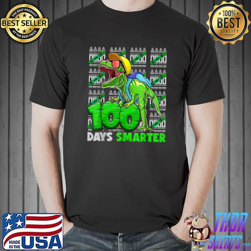 100th Day Of School Teacher 100 Days smarter Trex Dinosaur Crayon Green T-Shirt