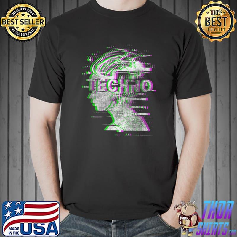 Acid Techno Face Raver & DJ Trippy Optical Illusion Glitch T-Shirt