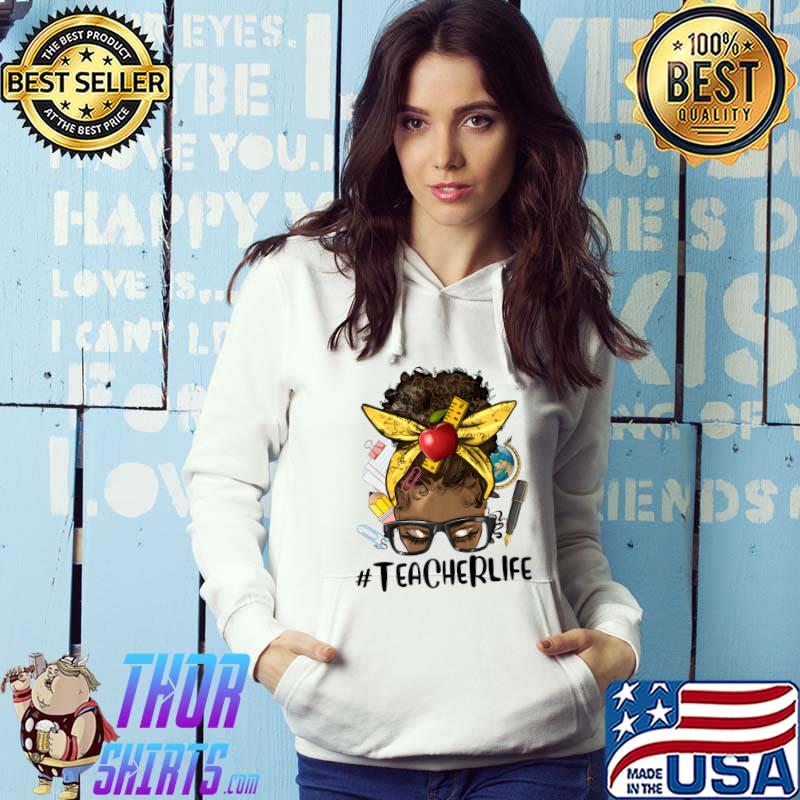 Afro Messy Bun Ribbon Apple Teacher Life Black Woman Appreciation School T-Shirt Hoodie