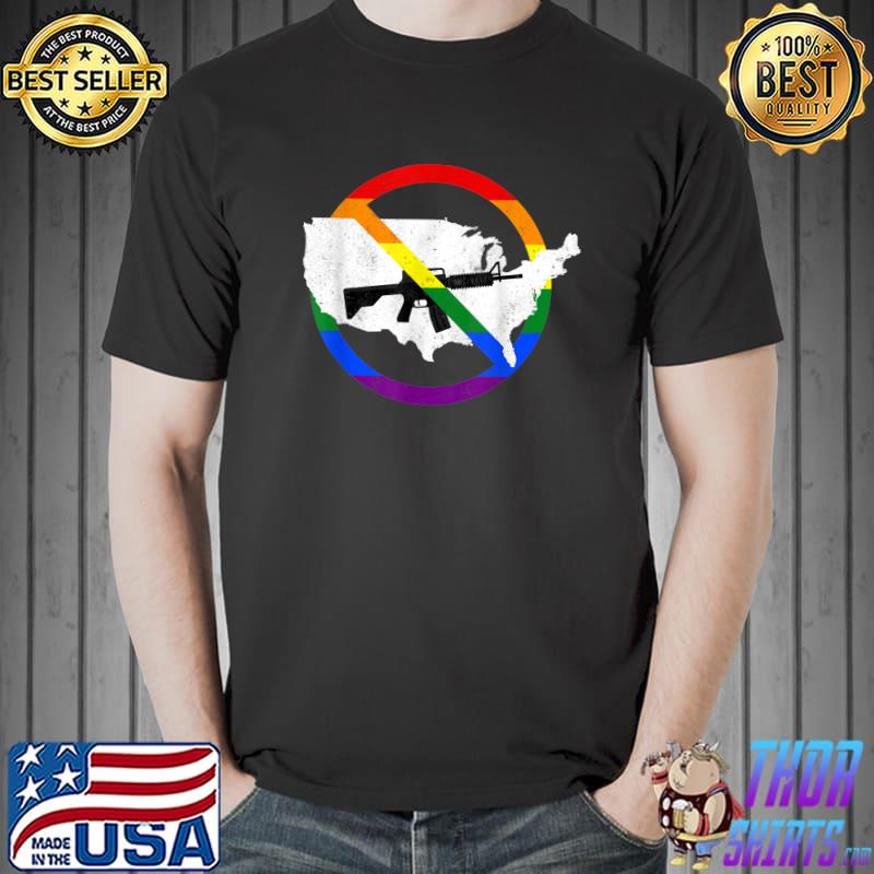 Assault Weapon Ban Sign Map Of Usa Rainbow Flag Anti-Gun T-Shirt