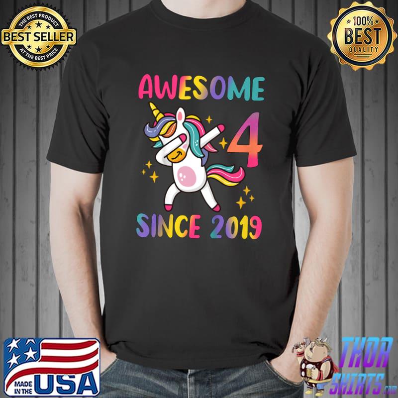 Awesome 4 Since 2019 Colors Years Old Girl Dabbing Unicorn 4th Birthday Party T-Shirt