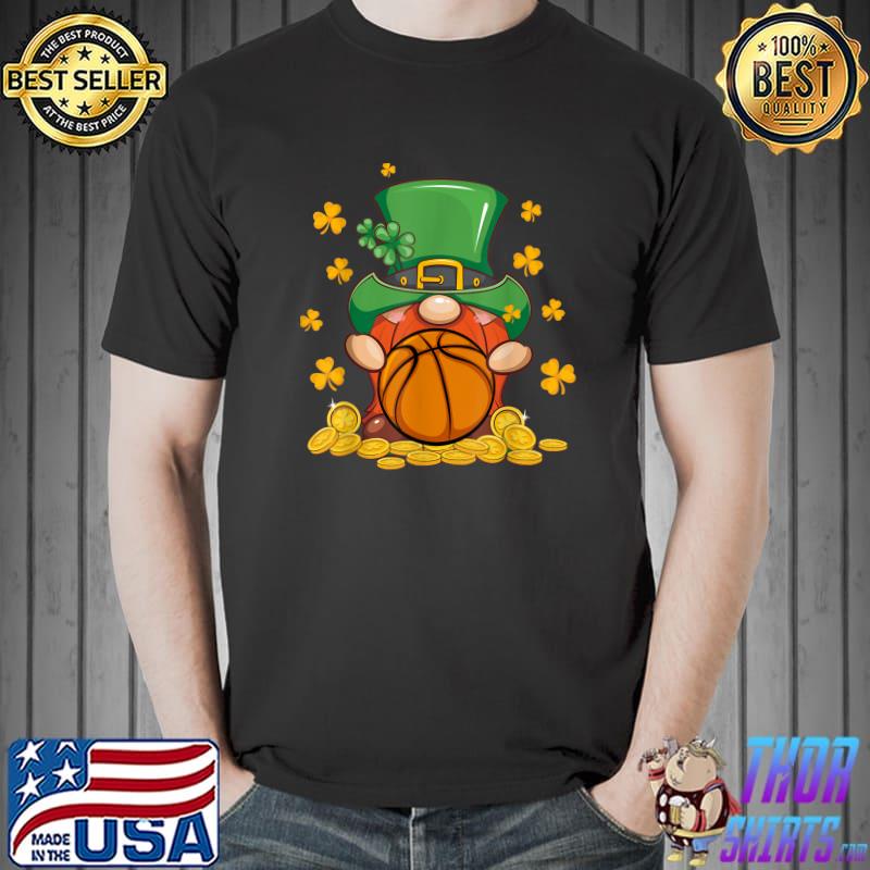 Basketball Cute Gnome Lucky Shamrock Coins St Patrick's Day T-Shirt