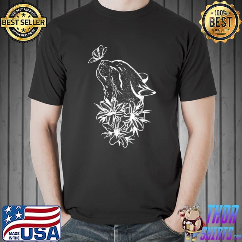 Cat Line Art With Butterfly And Flower T-Shirt