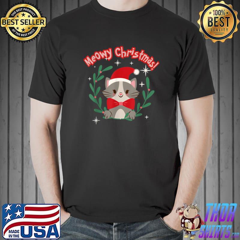 Cat Meme Gift Cat Santa Hat Lover Meowy Christmas Tree T-Shirt