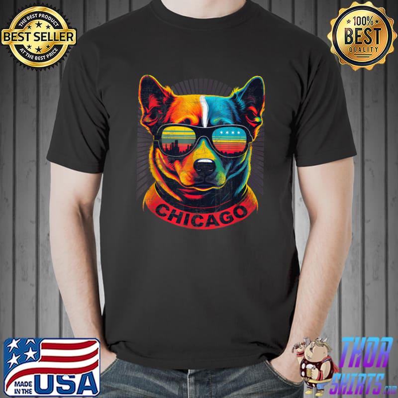 Chicago city pup in shades with city flag sunglasses vintage T-Shirt