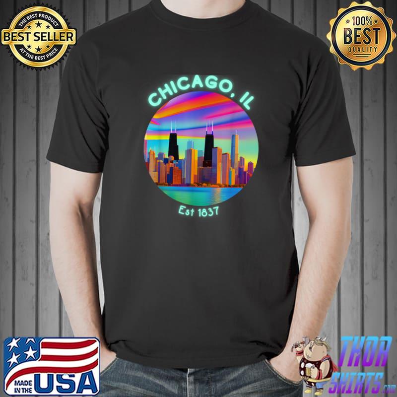 Chicago Illinois Skyline Retro 90s Vaporwave Colorful Travel T-Shirt
