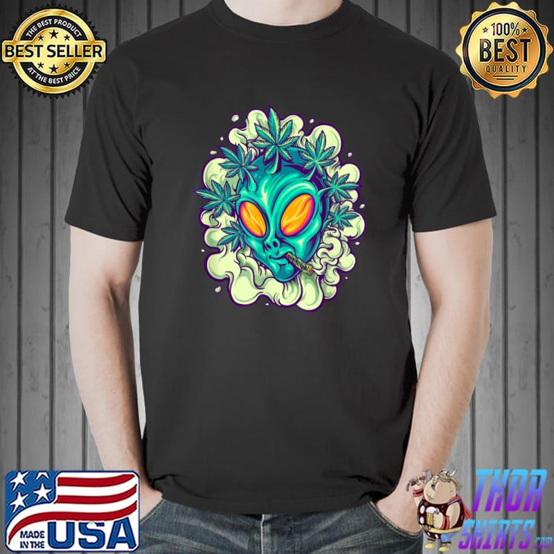 Colorful Alien Head Weed Cloud Smoke Cannabis T-Shirt