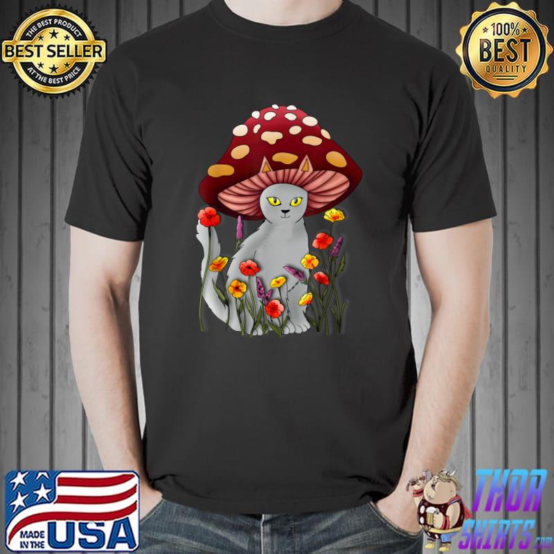 Cottagecore Aesthetic Cat Flowers Mushroom Hat Kawaii T-Shirt