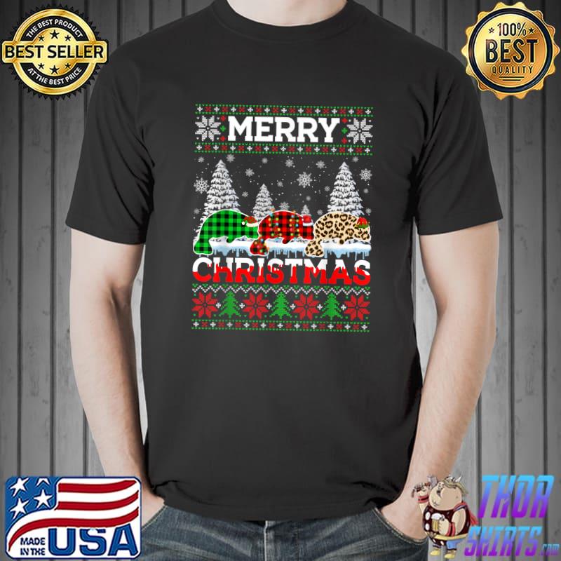 Cute Manatee Plaid And Leopard Snows Merry Christmas Santa Elf Ugly Xmas Sweater T-Shirt