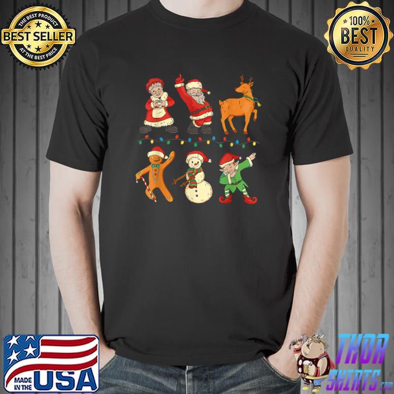 Dabbing Santa Elf Friends Snowman Reindeer And Lights Christmas T-Shirt