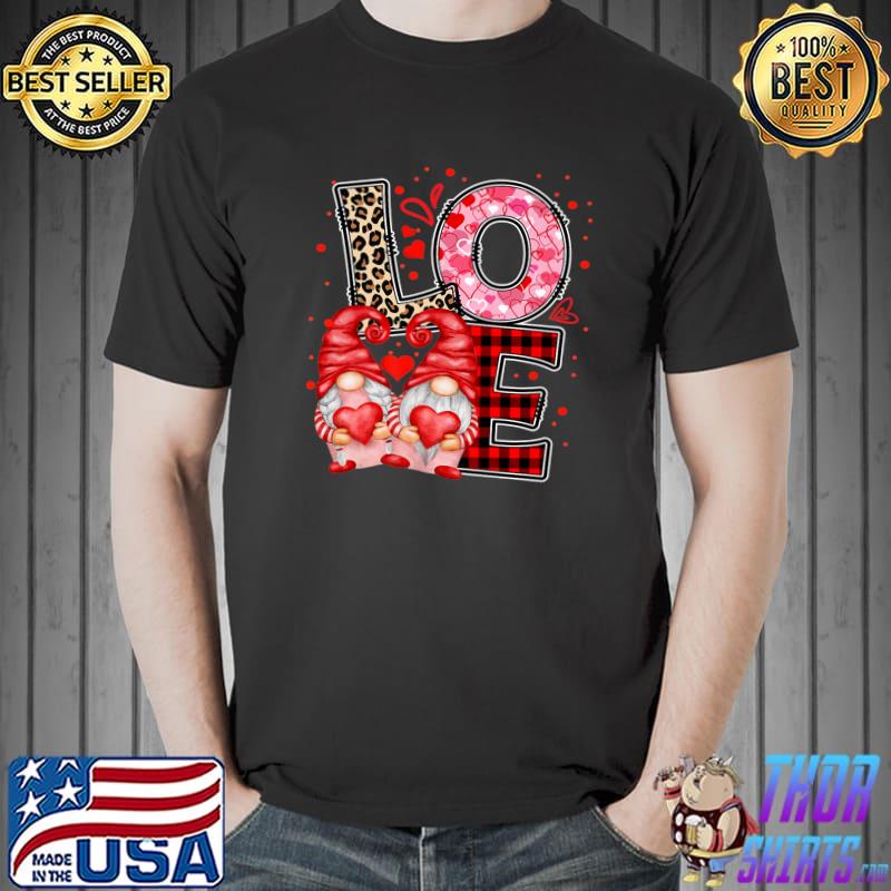 Gnomes Love Valentine's Day Gnome Love Leopard Red Plaid T-Shirt