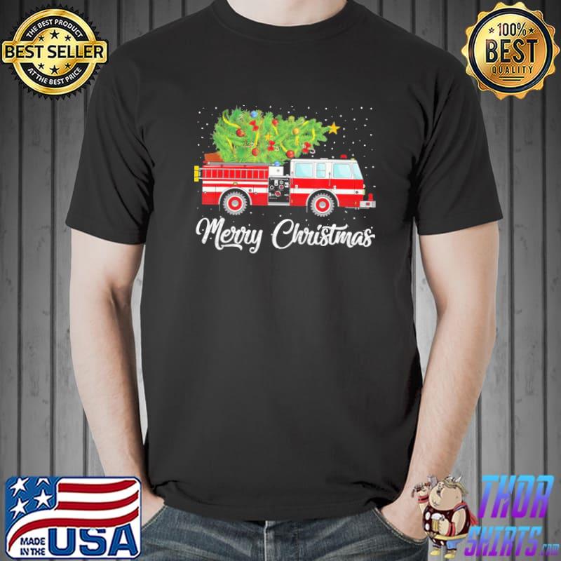 Grisworld fire truck xmas tree firefighter merry christmas shirt