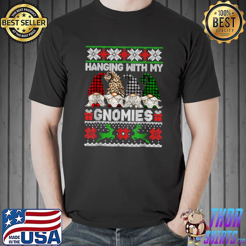 Hanging With My Gnomies Plaid And Leopard Christmas Cute Gnomes Ugly Sweater T-Shirt