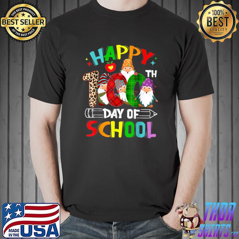 Happy 100th Day Of School Gnomes Teacher 100 Days Smarter Leopard And Plaid T-Shirt