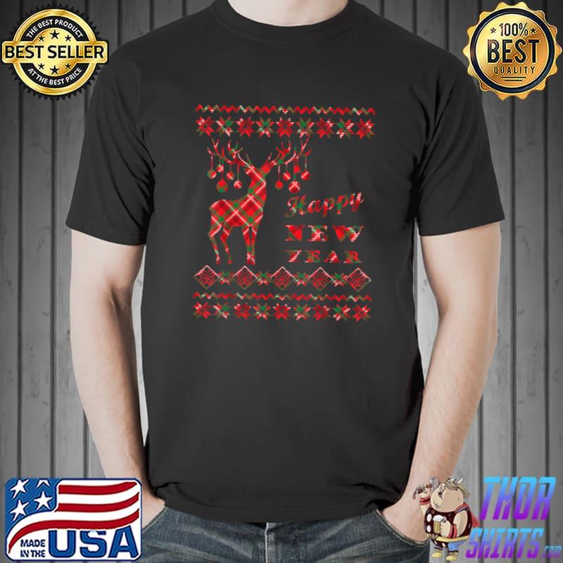 Happy New Year With Checkered Reindeer Plaid T-Shirt