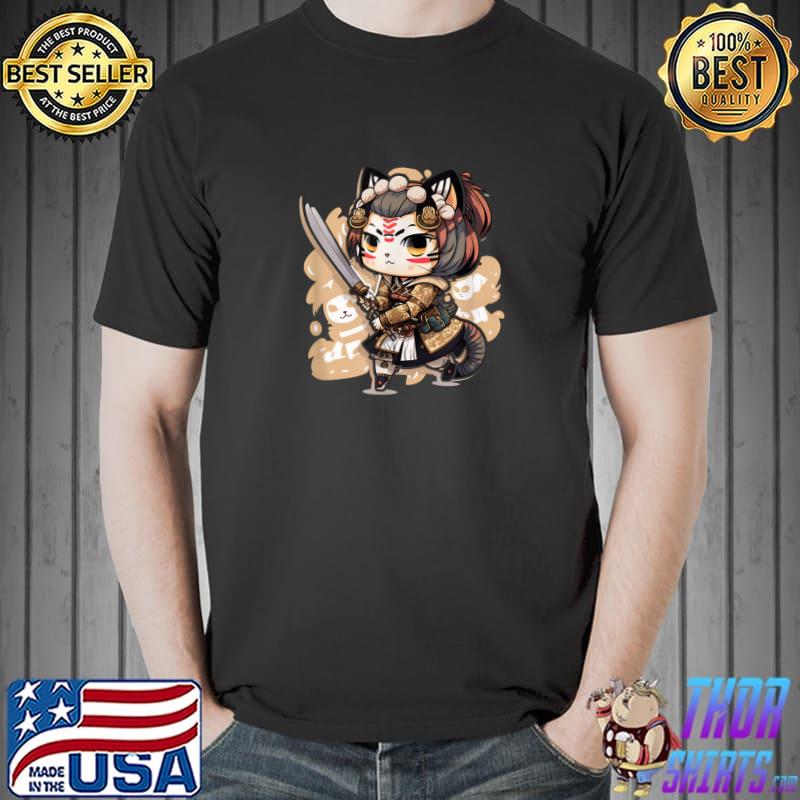Japanese Samurai Calico Cute Cat Anime Style I T-Shirt
