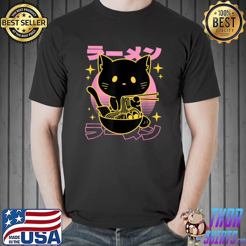 Kawaii ramen cat eating noodles vintage T-Shirt