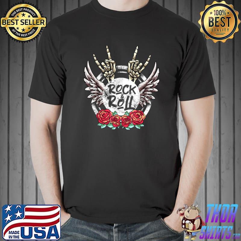 Lets Rock Rock & Roll Skeleton Hand And Rose Vintage Rock Concert T-Shirt