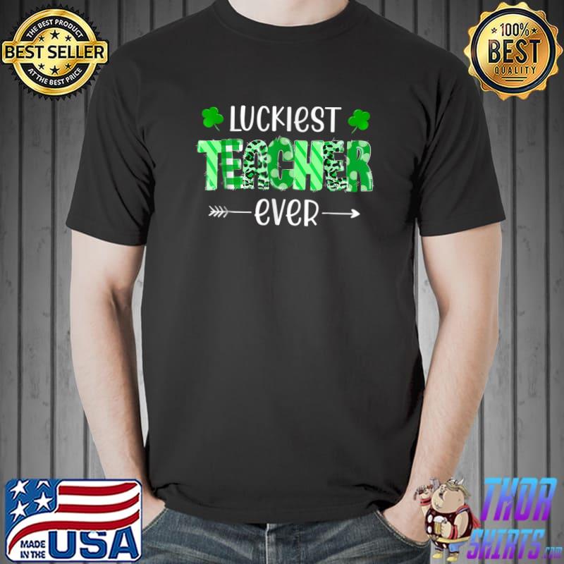 Luckiest Teacher Ever Shamrock Teacher Plaid And Leopard St Patrick's Day 2023 T-Shirt